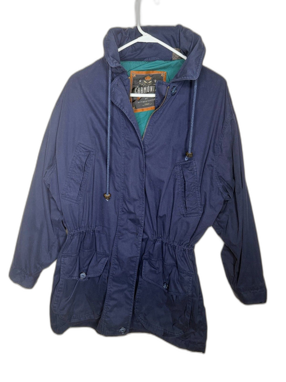 Pres de Chamonix Women's Blue Navy Utility Jacket Full Zip Drawstring Waist sz S